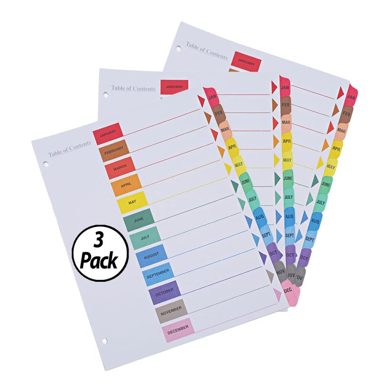 Manaloom Jan-Dec Monthly Table of Contents Index Binder Dividers, 12-Tab, Monthly, Multi-Color, 3 Hole Punched, Compatible with Laser and Inkjet Printers - 3 Sets - Image 1
